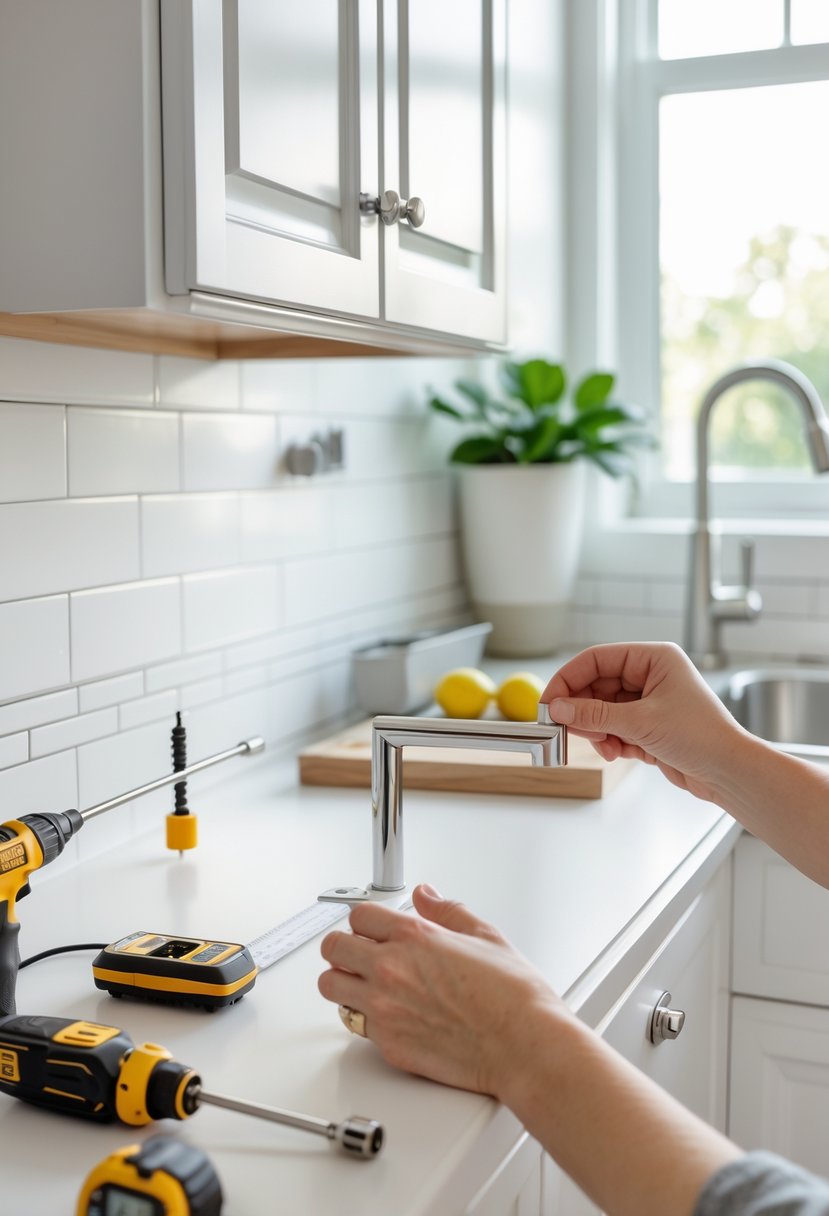 Hands installing new cabinet handles on white kitchen cabinets with tools on the countertop.