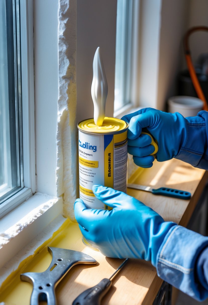 Hands wearing gloves applying foam sealant to gaps around a window frame inside a home.