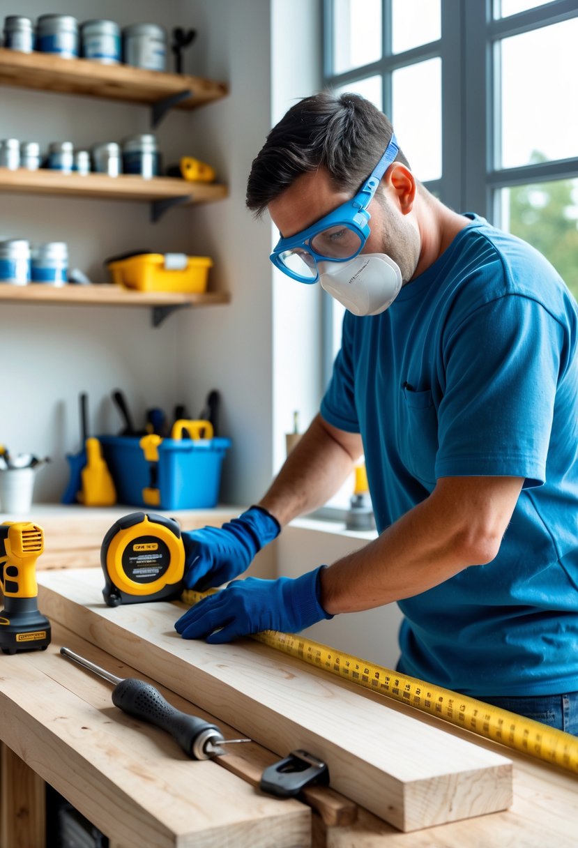 A person wearing safety goggles and gloves carefully measuring a wooden plank in a clean home workshop with tools and supplies on shelves.