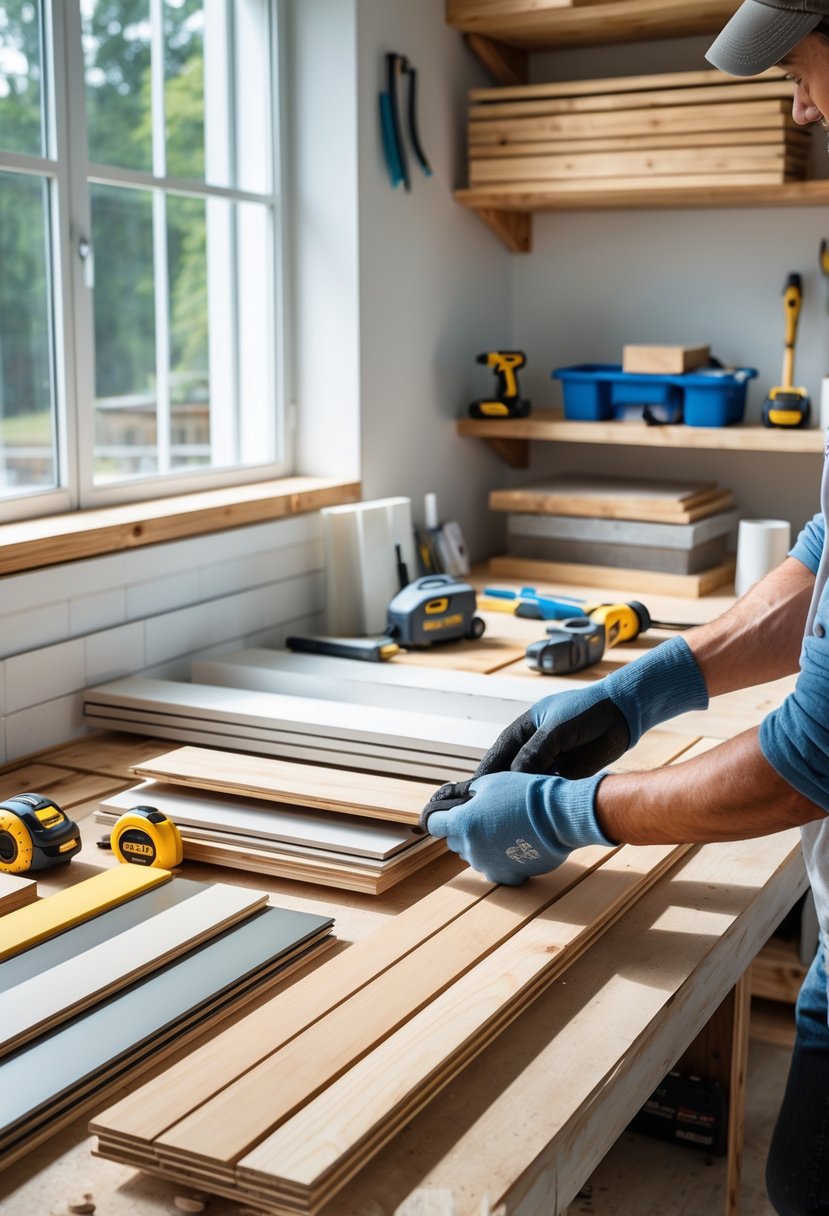 A person examining a wooden plank at a workbench surrounded by various home improvement materials and tools in a bright workshop.