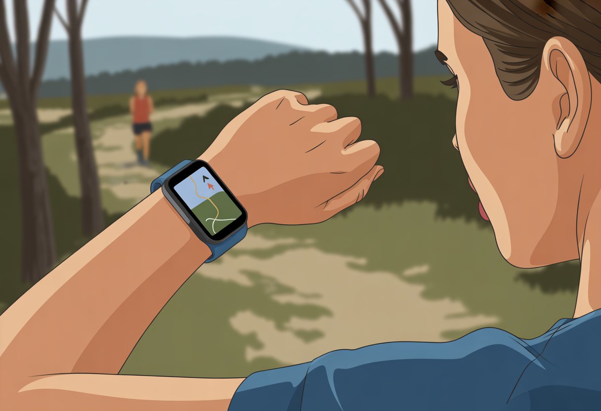 A person outdoors checking a fitness tracker on their wrist that shows a navigation map with a route and directional arrows.