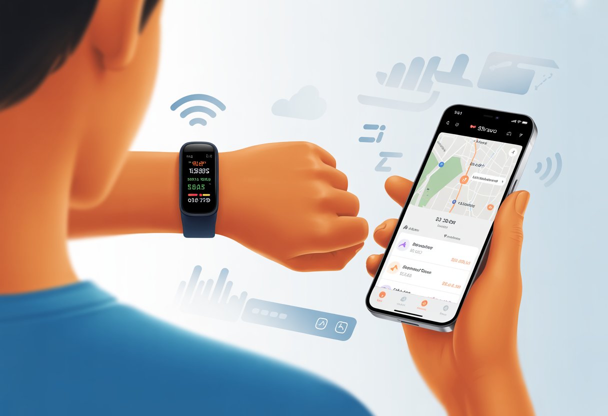 A person wearing a fitness tracker on their wrist with a smartphone nearby showing a running route and workout data.