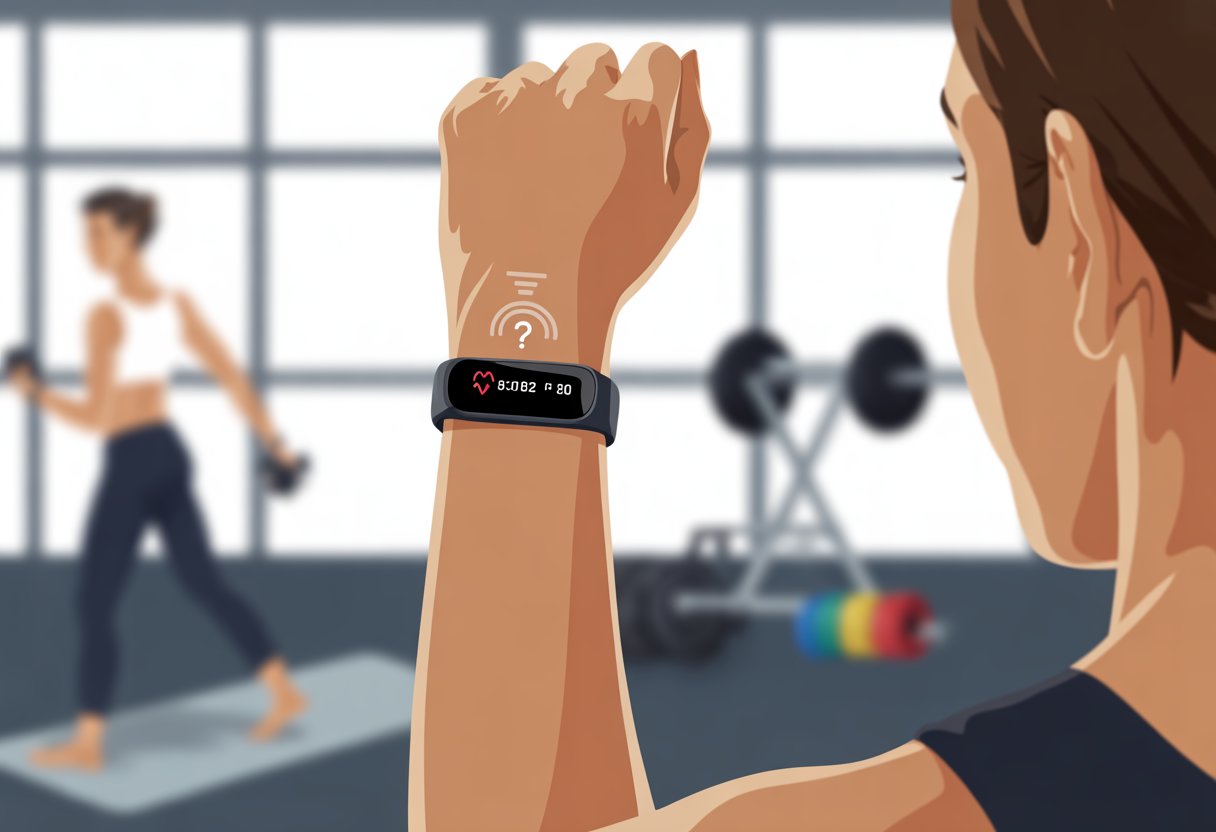 Close-up of a wrist wearing a fitness tracker showing no heart rate data, with a blurred gym background.