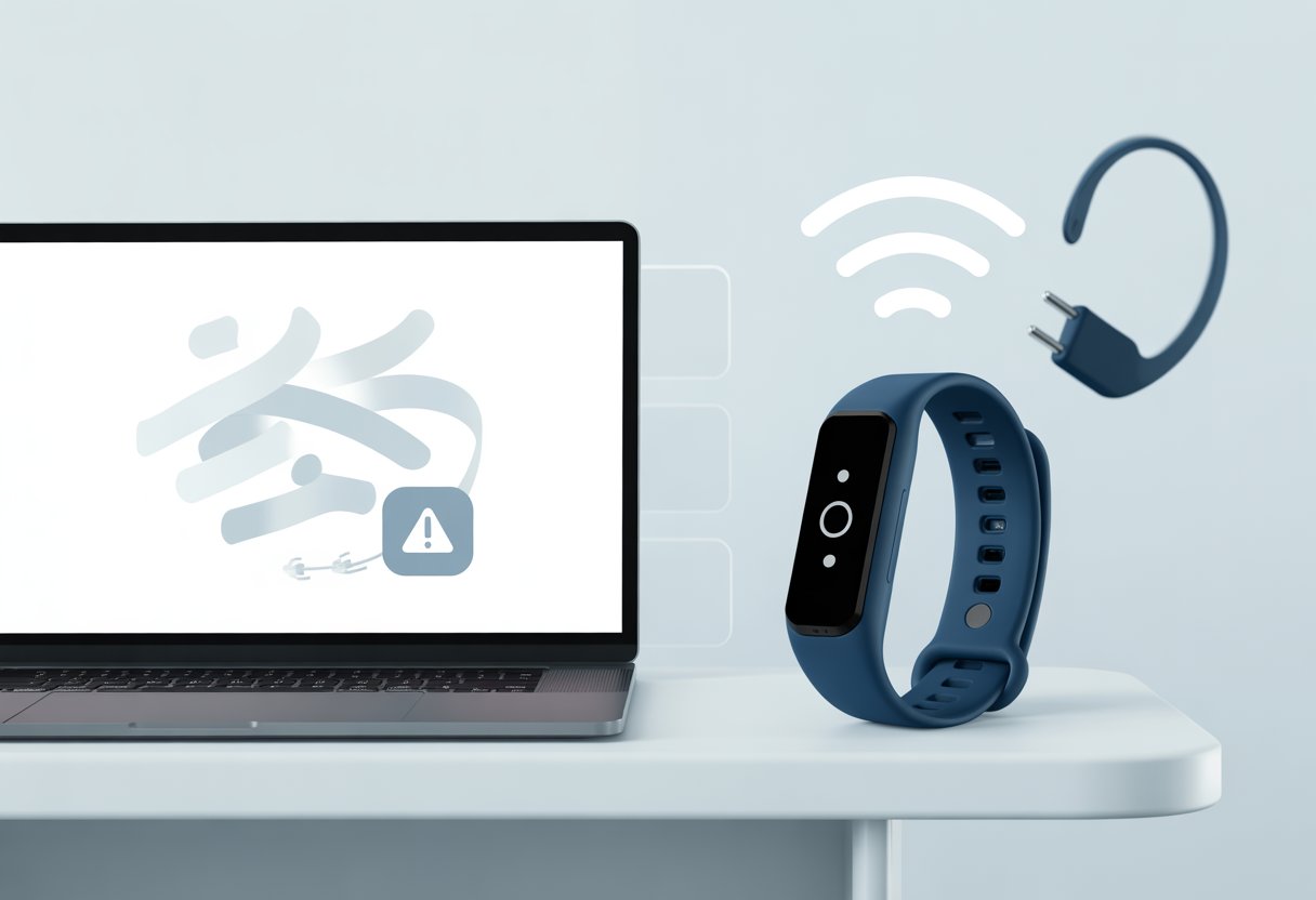 A laptop on a desk with a fitness tracker nearby, showing a connection problem between the two devices.
