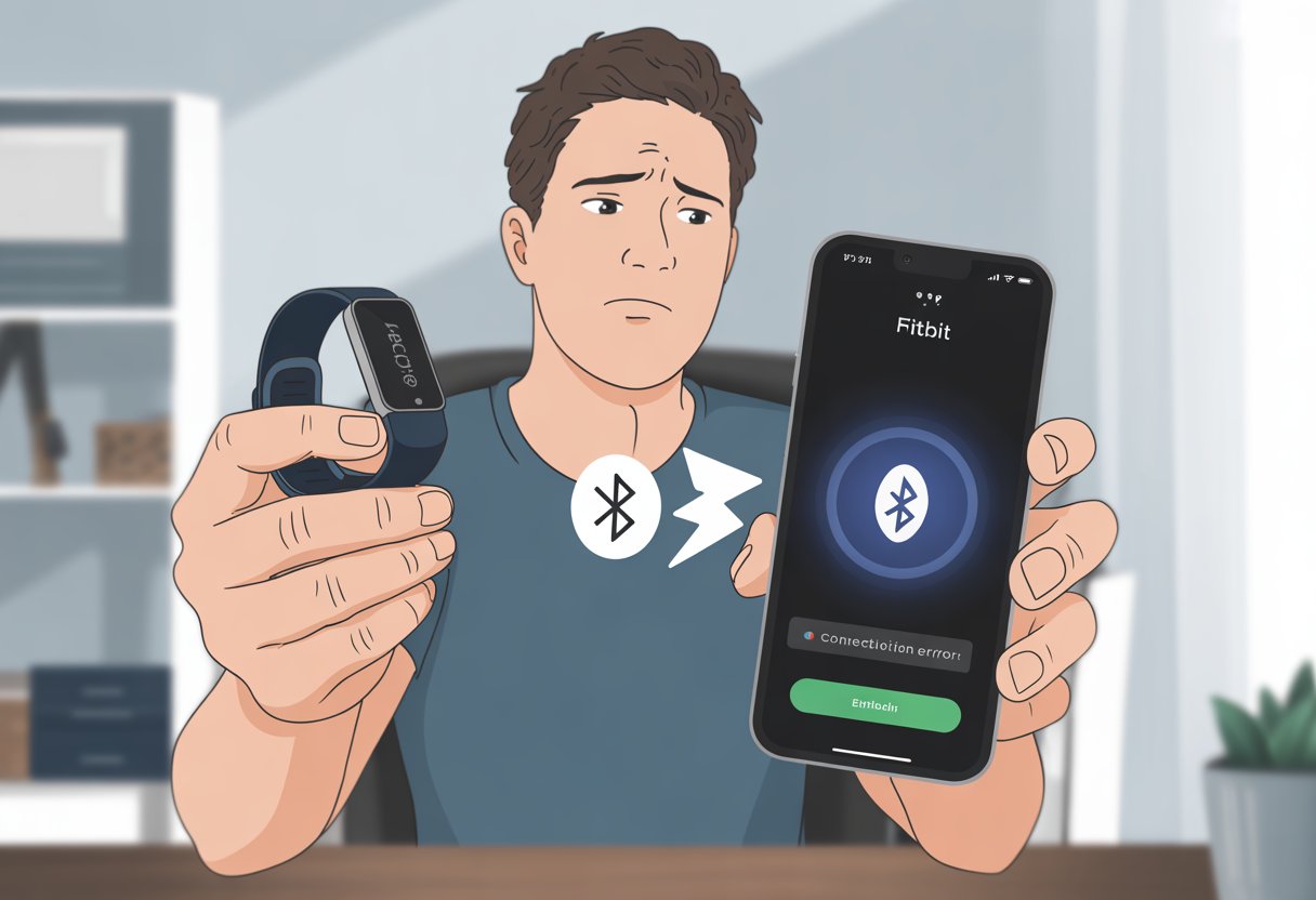 A person at a desk holding a fitness tracker and looking at a smartphone showing a connection error, appearing frustrated.