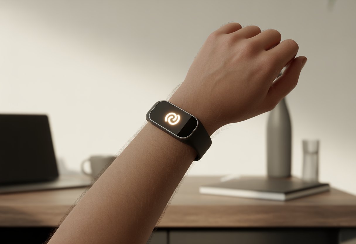 A person wearing a fitness tracker showing a glowing logo screen while resting their hand on a desk with a laptop and water bottle nearby.