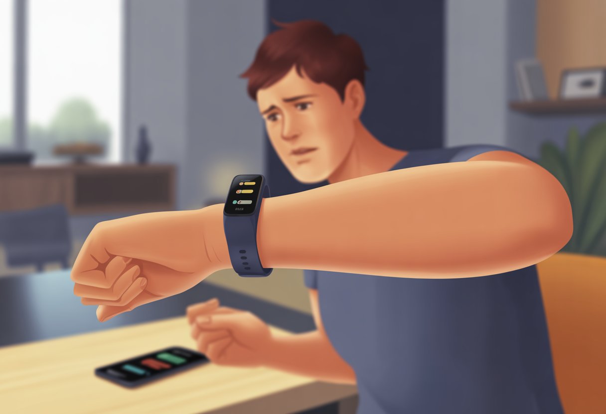 A person looking confused while checking their fitness tracker, which is not showing any text messages.