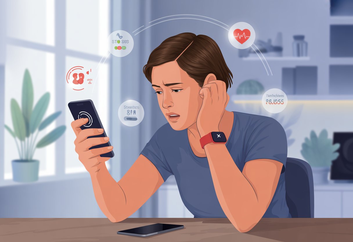 A person looking frustrated at their smartphone while wearing a fitness tracker, with icons representing fitness data appearing disconnected.