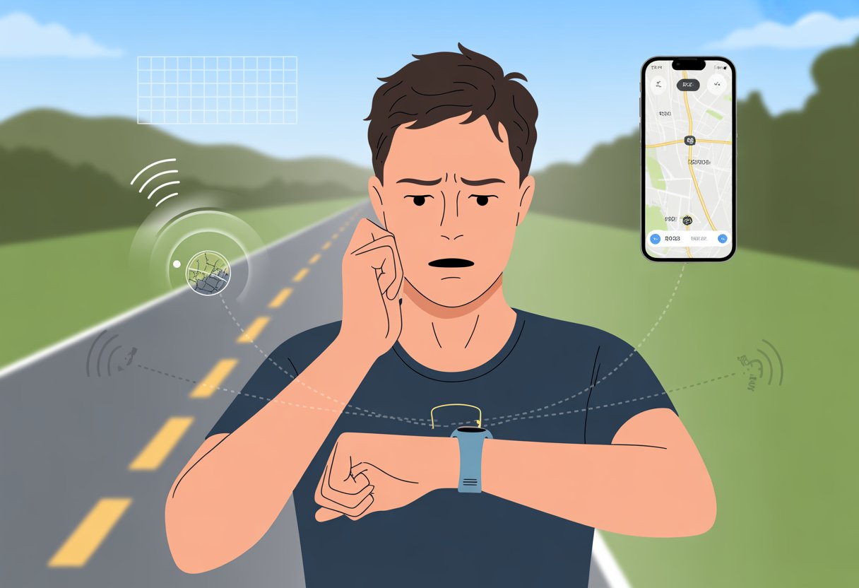 A person outdoors checking their fitness tracker with a puzzled expression, standing near a running path and a smartphone showing a map.