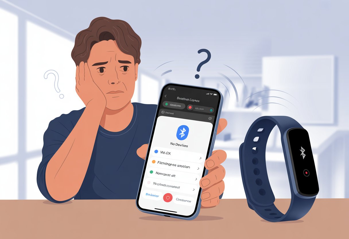A person looking at a smartphone with a fitness tracker nearby, showing no Bluetooth devices detected on the phone.