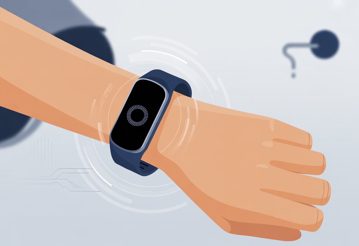 Close-up of a fitness tracker on a wrist showing a restarting animation with a modern, tech-inspired background.