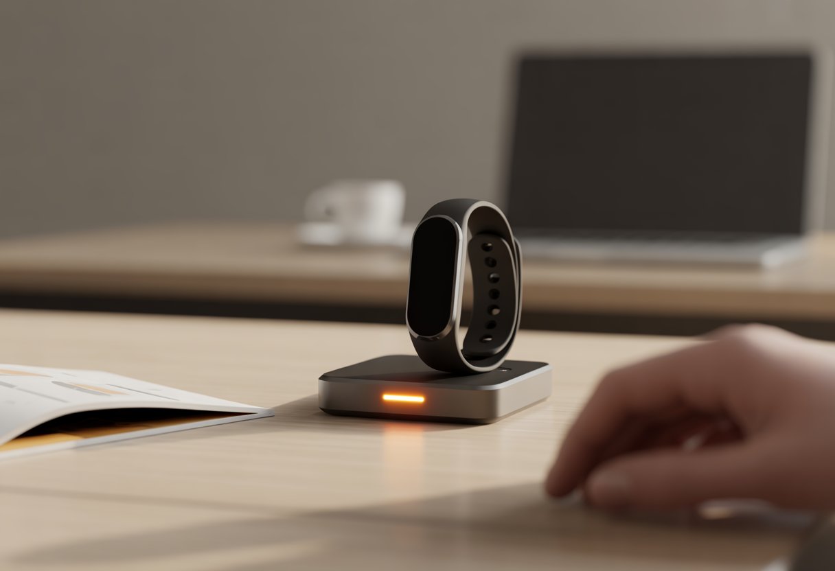 A close-up of a fitness tracker on a table next to its charger, with a hand reaching toward it and an open manual nearby.
