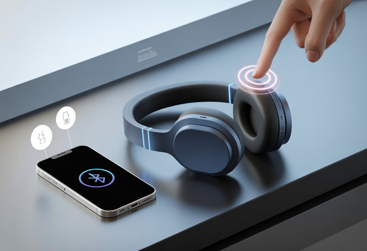 A pair of Bluetooth headphones on a desk next to a smartphone with icons showing connection and issues around the headphones.
