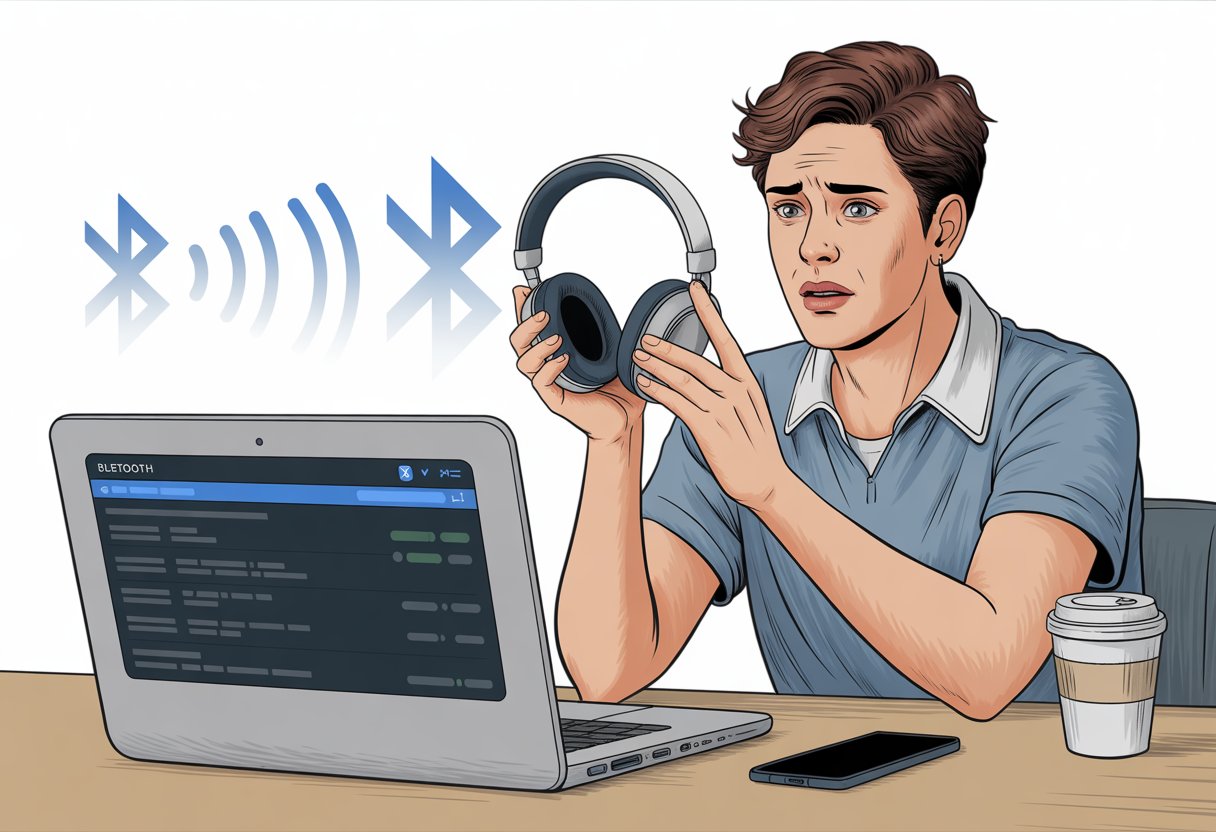 A person holding Bluetooth headphones looks confused while viewing a laptop screen showing empty Bluetooth settings.