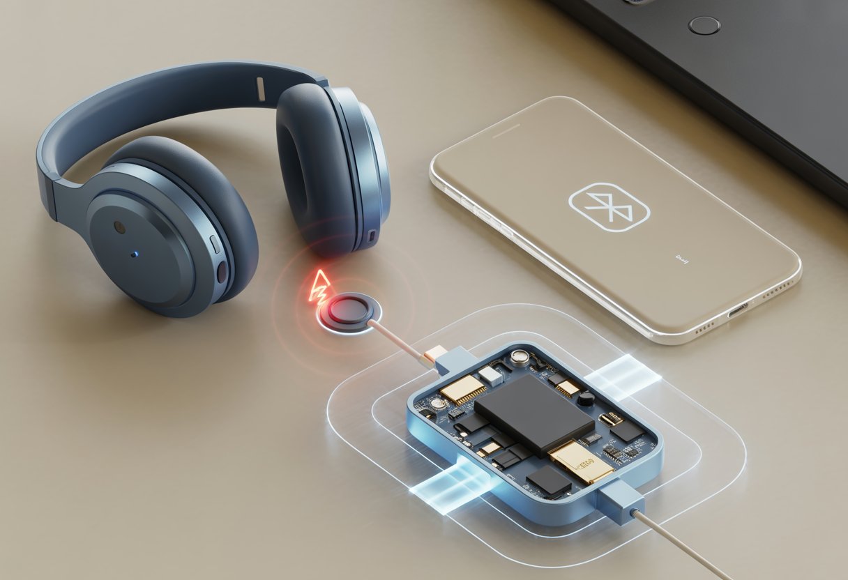Bluetooth headphones on a surface with highlighted buttons and a schematic overlay showing internal components and a warning near the buttons.