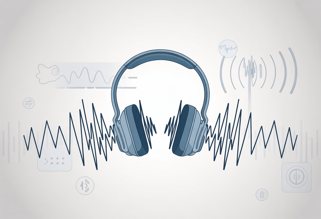 A pair of Bluetooth headphones surrounded by jagged sound waves and wireless signal icons indicating sound distortion.