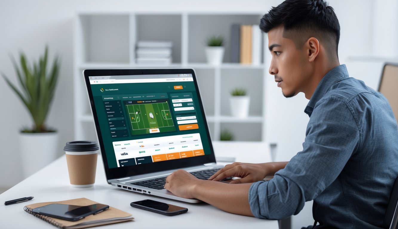 Seorang dewasa muda duduk di meja dengan laptop, fokus melihat layar situs taruhan olahraga online di ruang kerja rumah yang rapi.