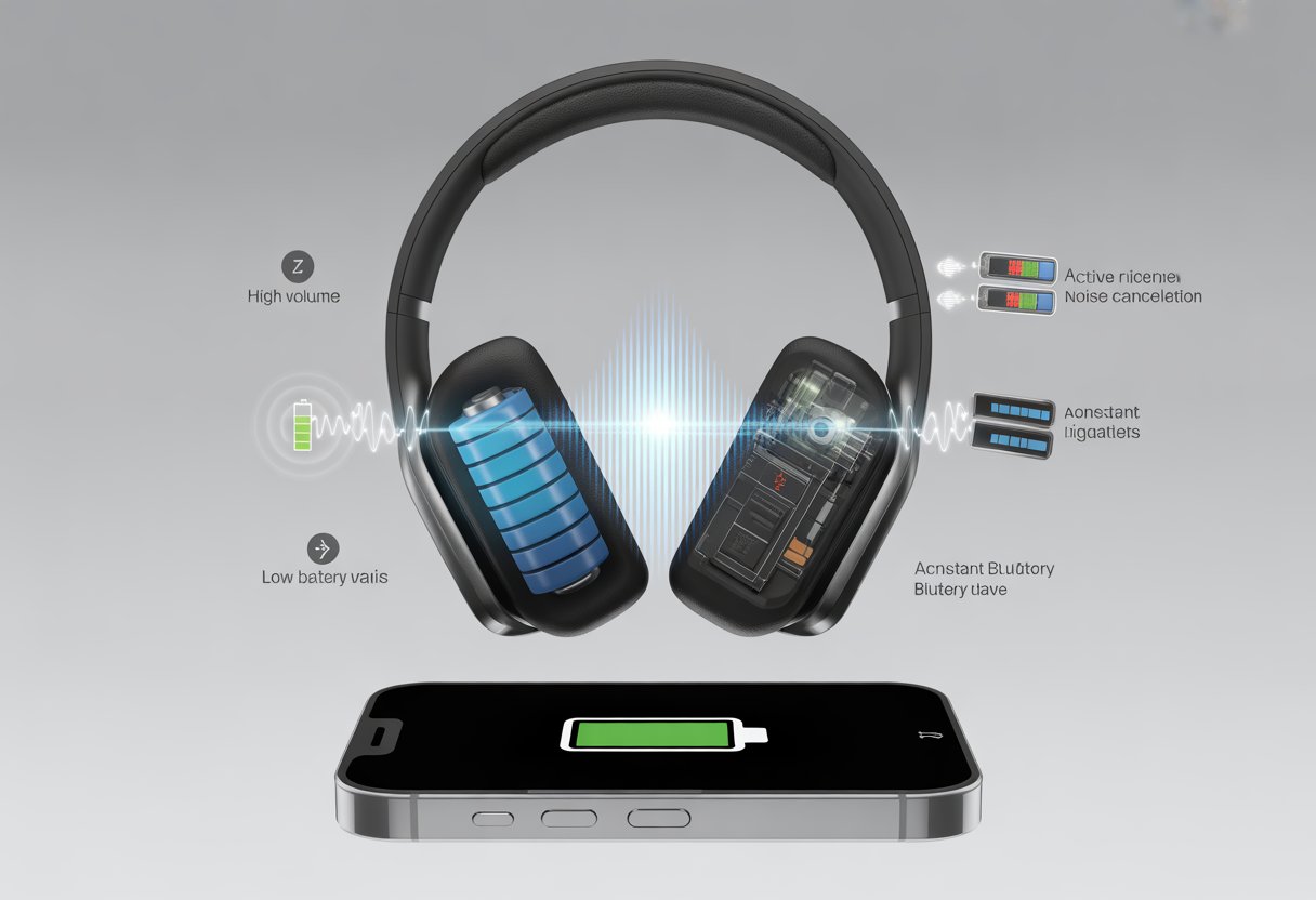 Bluetooth headphones connected to a smartphone showing low battery, with icons representing factors that cause battery drain around the headphones.