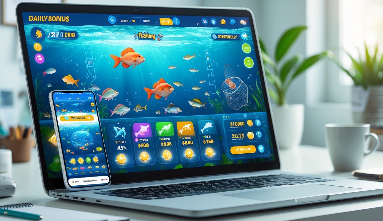 Tampilan antarmuka permainan memancing digital dengan ikan berwarna-warni di layar ponsel dan laptop di atas meja kerja.