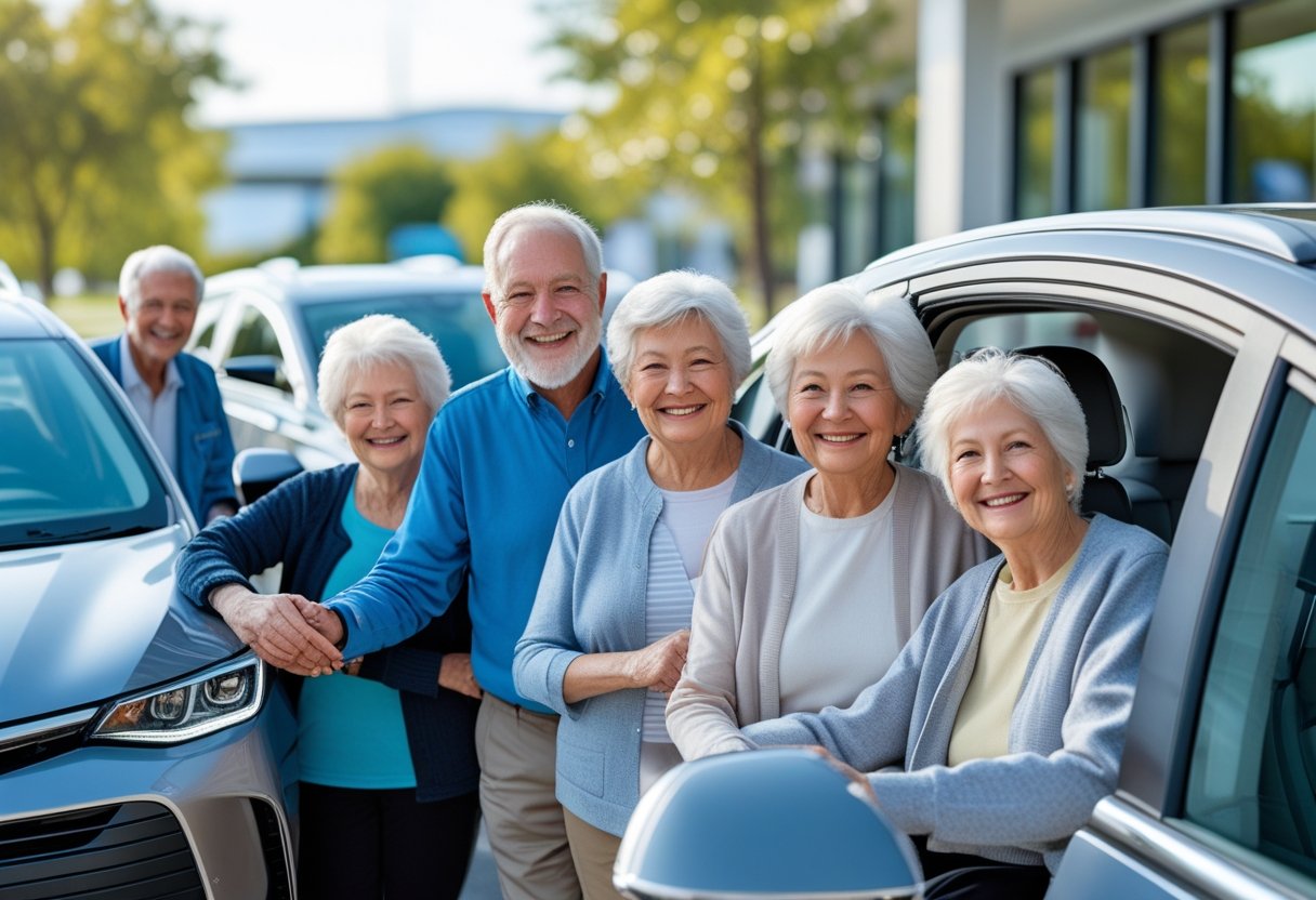 Grupo de idosos felizes ao lado de carros modernos e confortáveis em um ambiente ao ar livre.