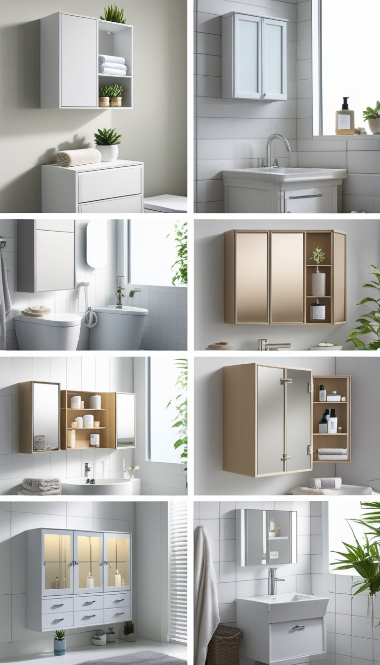 A modern bathroom displaying ten different small bathroom cabinet designs with various storage options and bathroom essentials.