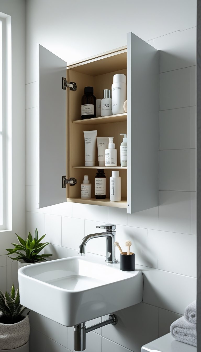 Small bathroom with a recessed medicine cabinet open above a sink, showing organized toiletries inside.