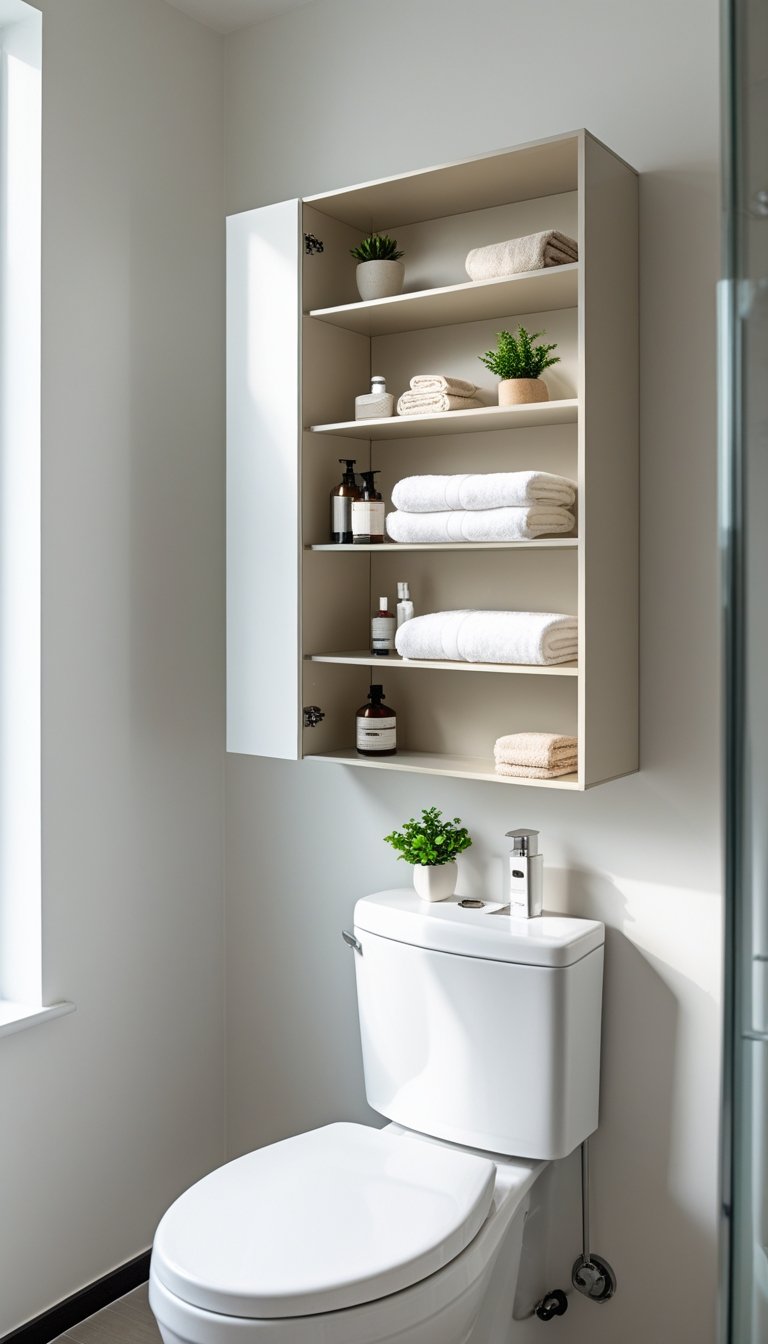 Small bathroom with a wall-mounted cabinet above the toilet holding towels and toiletries.