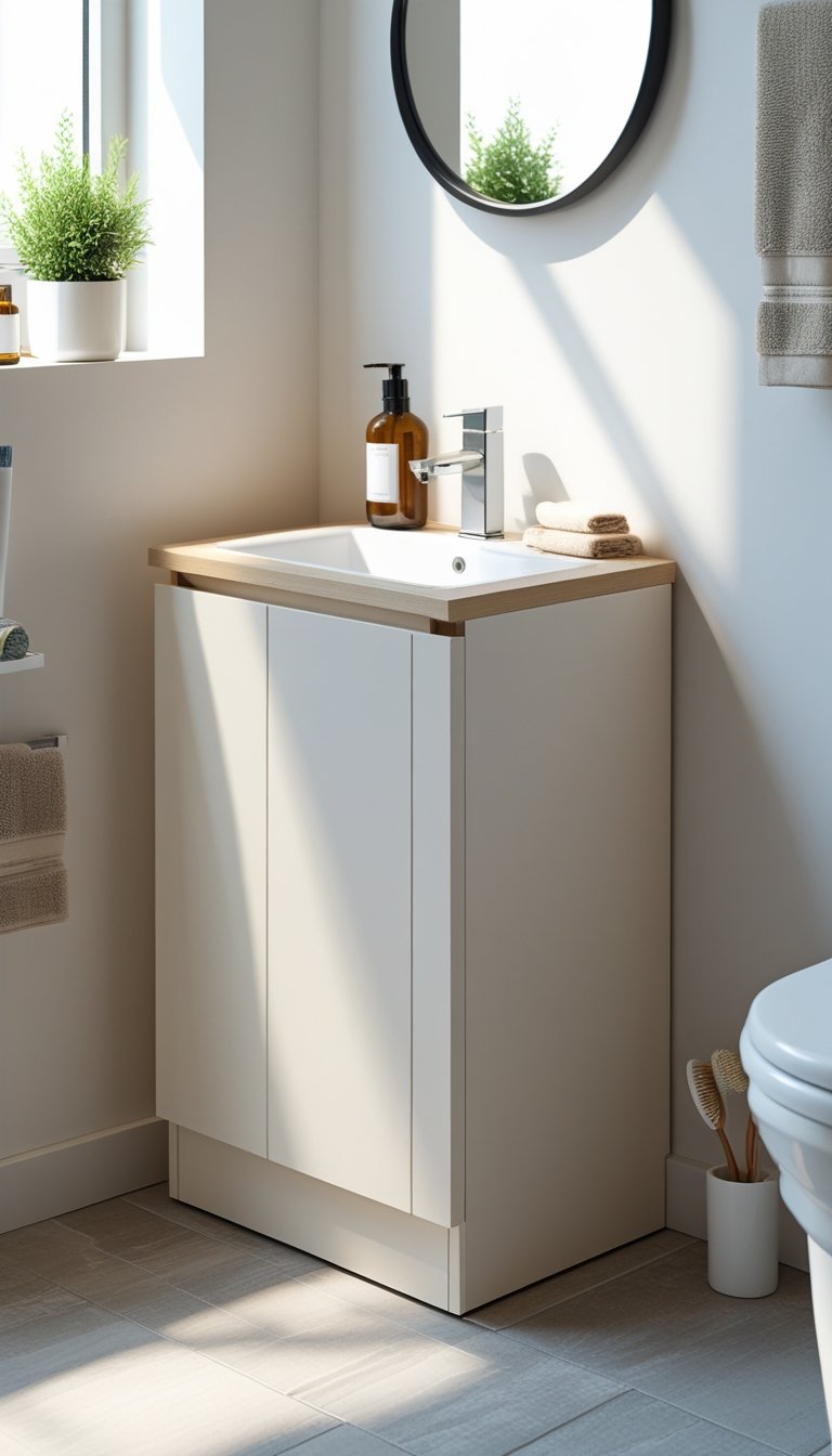 A small slim corner floor cabinet placed in the corner of a compact bathroom with a sink and mirror nearby.