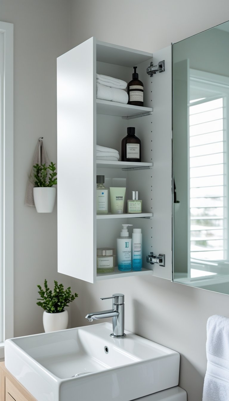 Small bathroom with a white cabinet with adjustable shelves holding toiletries and towels next to a sink and mirror.