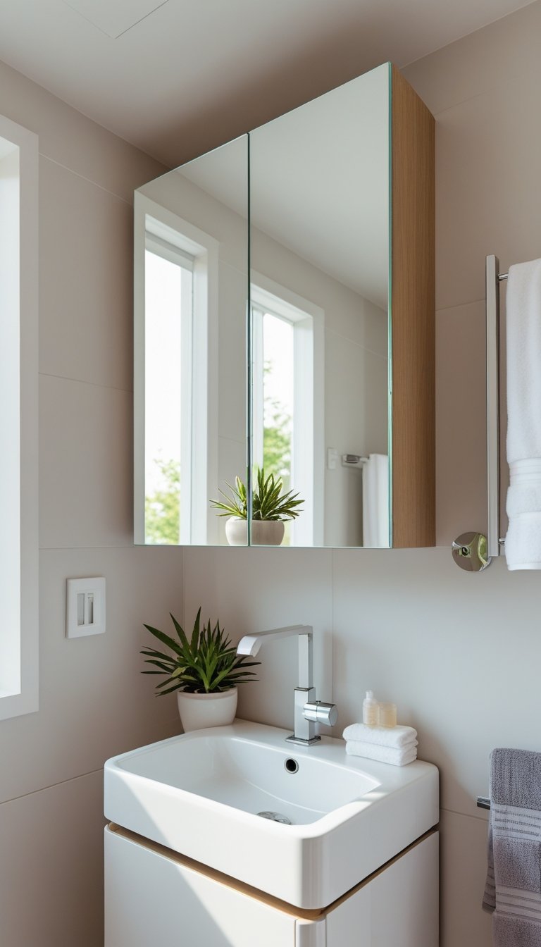 Small bathroom with a mirrored front cabinet above a sink, showing storage and a mirror combined.