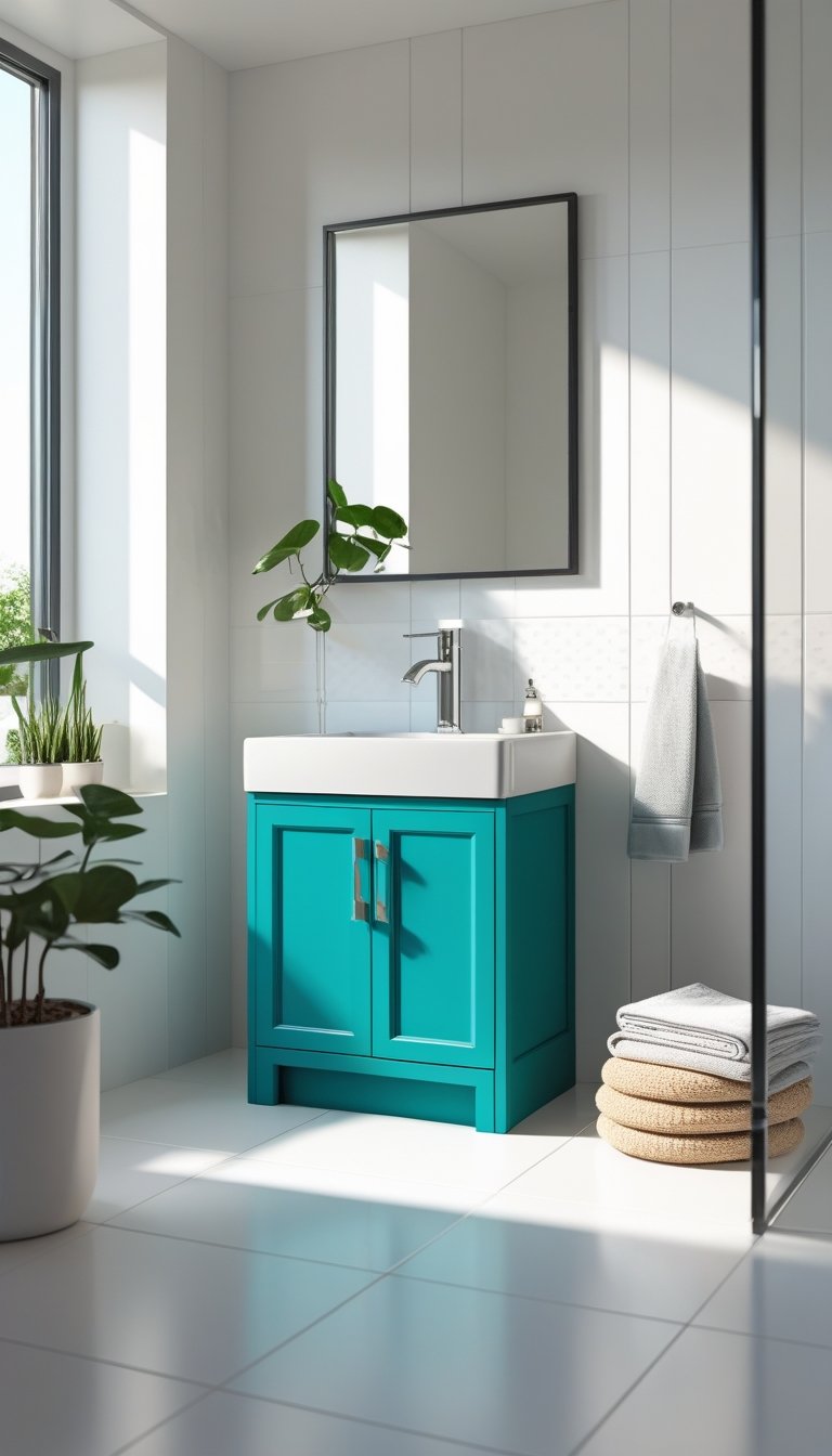 A small bathroom vanity cabinet painted in a bold color beneath a modern sink with a faucet, surrounded by light-colored tiles and minimal decor.