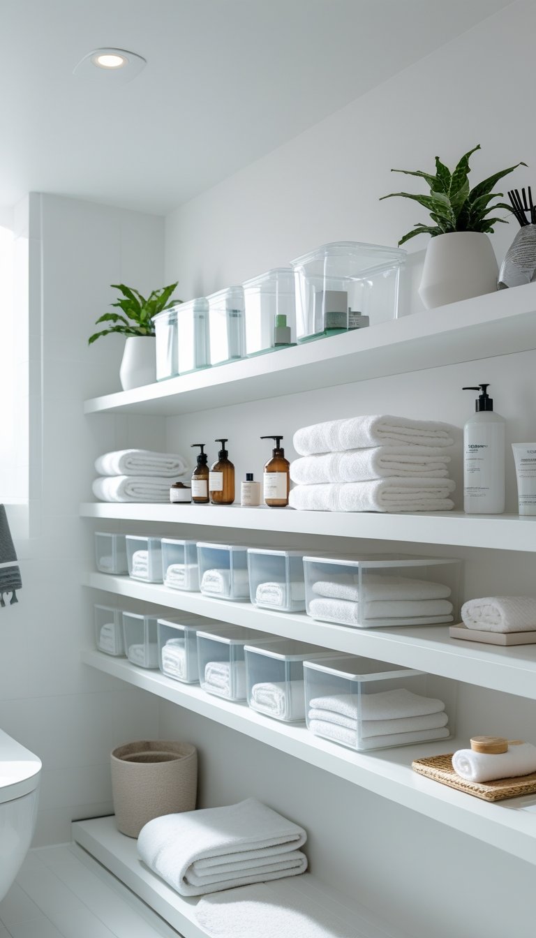 Small bathroom shelves organized with clear stackable storage bins holding toiletries and towels.