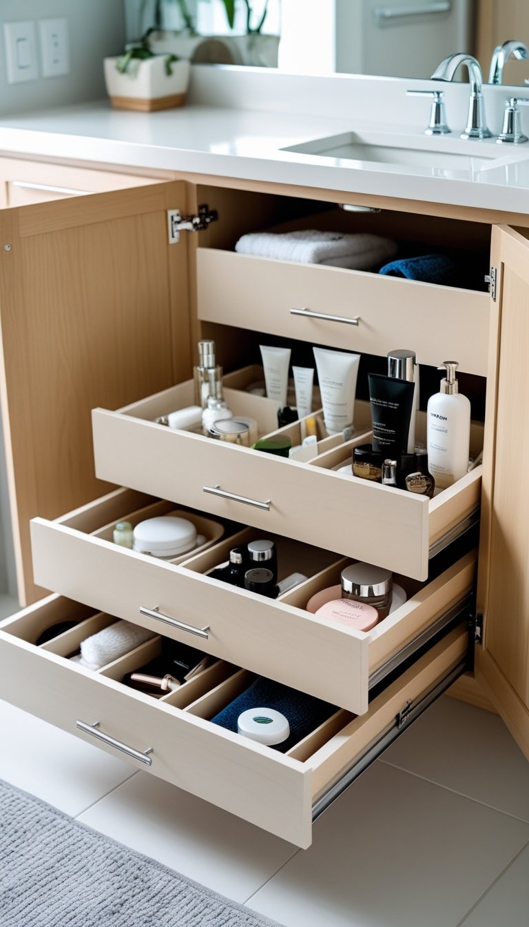 Open bathroom cabinet with drawer organizers neatly storing small toiletries and grooming items.