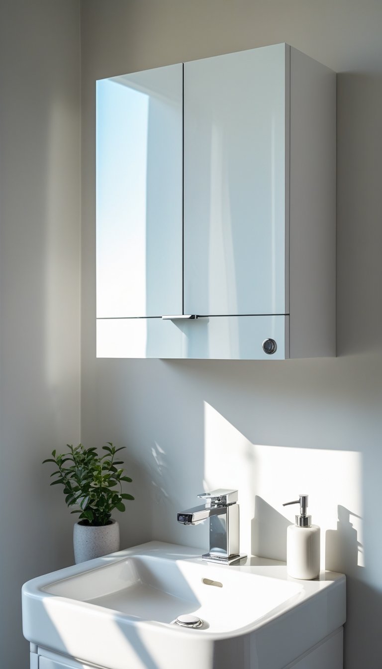 Small bathroom with a wall-mounted medicine cabinet above the sink and a potted plant on the countertop.