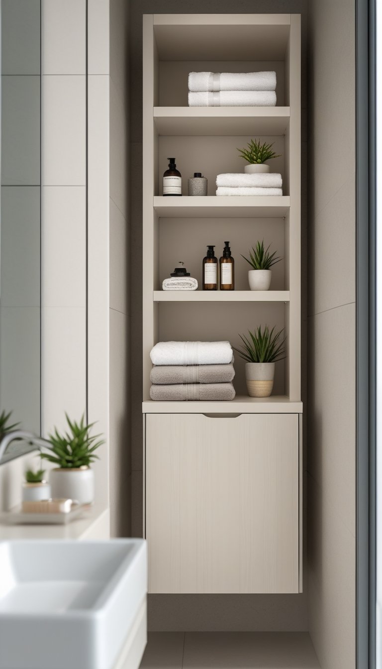 Small bathroom with a compact cabinet and open shelves above it holding towels, toiletries, and plants.