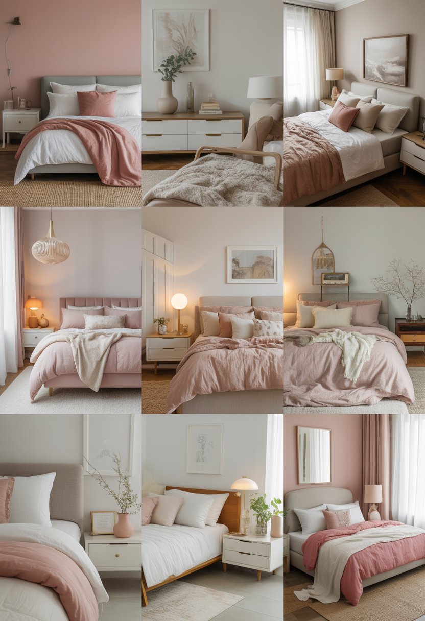 Seven different bedrooms decorated in pink and white with beds, furniture, and soft lighting.