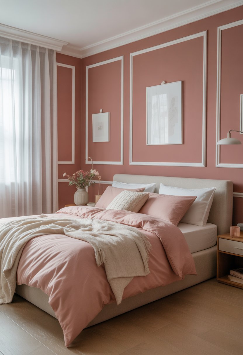 A bedroom with dusty rose pink walls, white trim, a bed with pink and white bedding, a bedside table with a lamp and flowers, and natural light coming through sheer curtains.