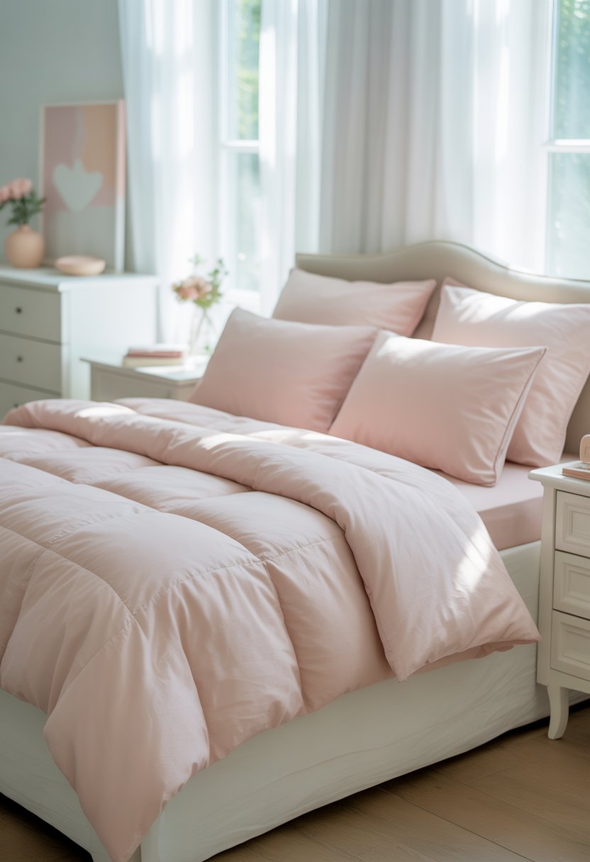 A bedroom with light pink bedding and white furniture, softly lit by natural daylight.
