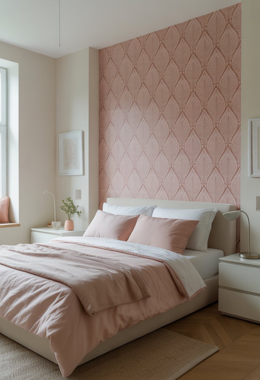 A bedroom with a pink and white patterned accent wall, a bed with matching bedding, a bedside table, and natural light coming through a window.