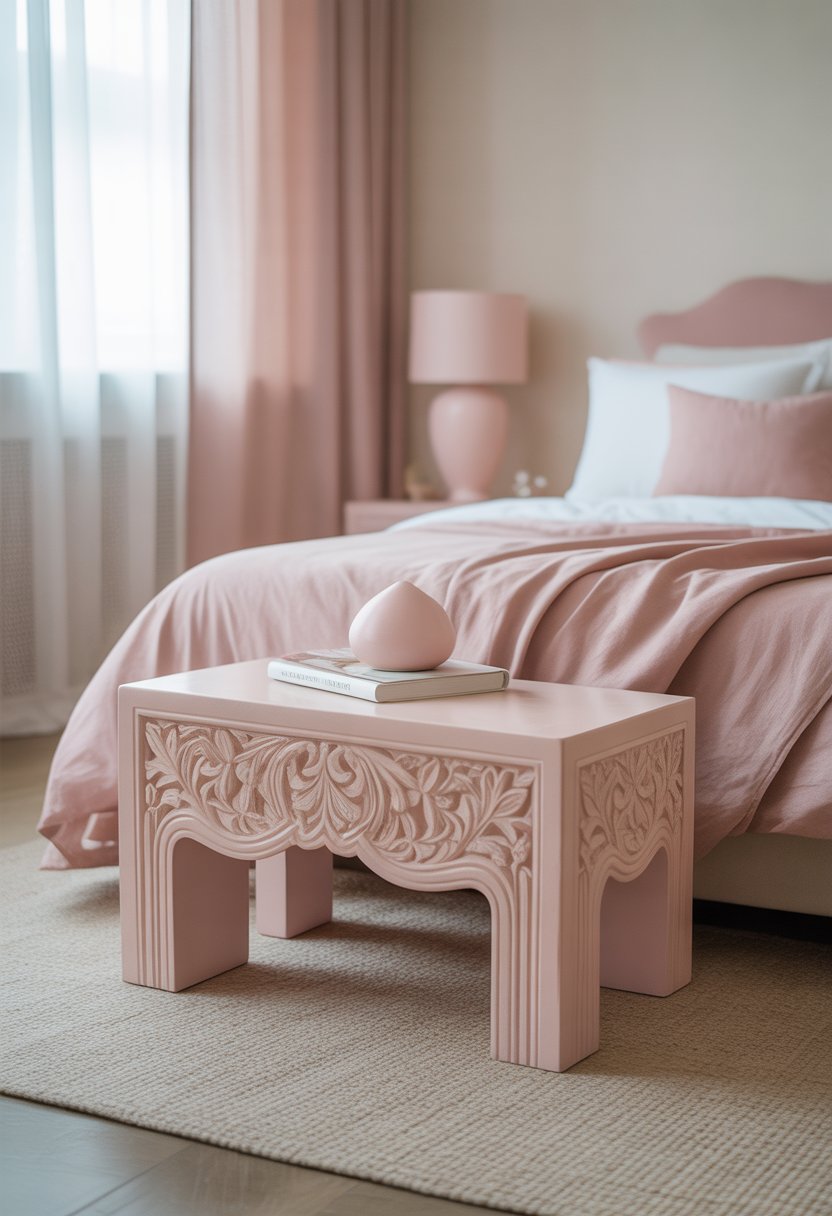 A bedroom with a pale pink carved wood coffee table in front of a bed with pink and white bedding, surrounded by soft natural light and matching decor.