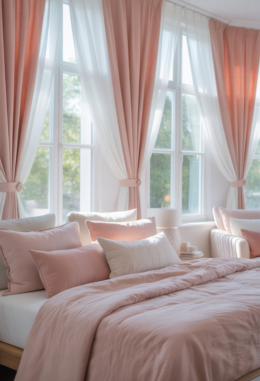 A bright bedroom with white curtains tied back with pink tiebacks, pink and white bedding, and natural light filling the room.
