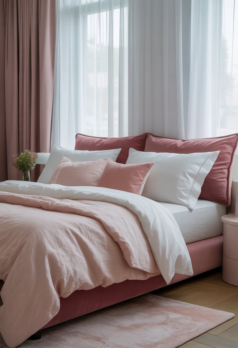 A bedroom with pink velvet cushions and white linen bedding on a bed, soft natural light coming through sheer curtains, and a bedside table with flowers.