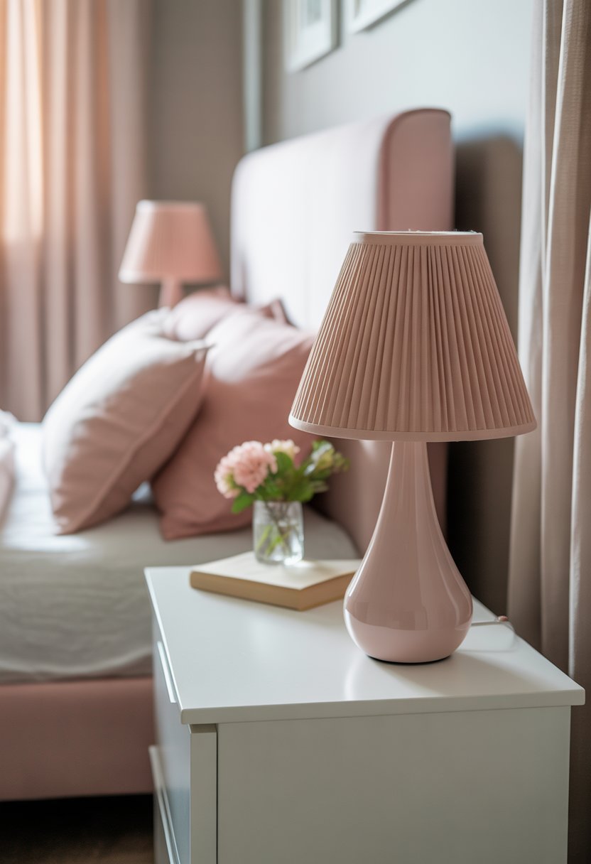 A bedroom with blush pink lampshades on white bedside tables next to a neatly made bed.