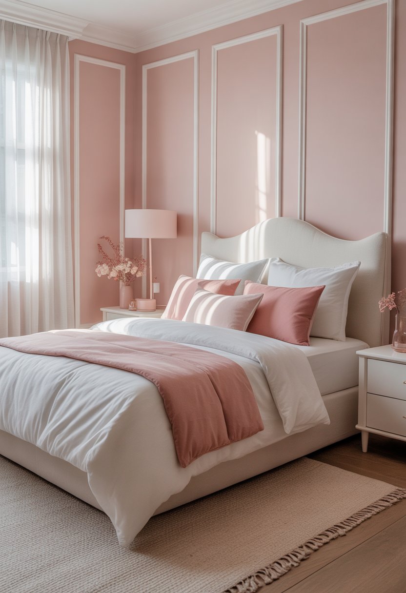 A bright bedroom with pink walls and white furniture, including a bed with pink and white bedding and a bedside table with a lamp.