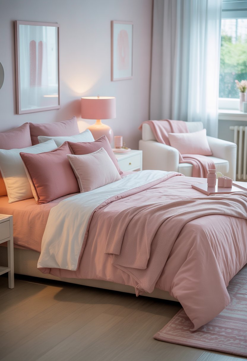 A bedroom with a bed dressed in pink and white bedding, a bedside table with a lamp, sheer curtains letting in natural light, and a cozy chair with a pink throw.
