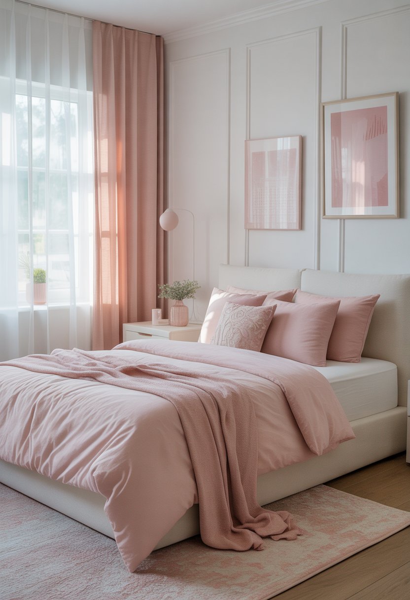 A bright bedroom with a white bed and pink bedding, white walls, a window with sheer curtains, and a nightstand with a plant and lamp.