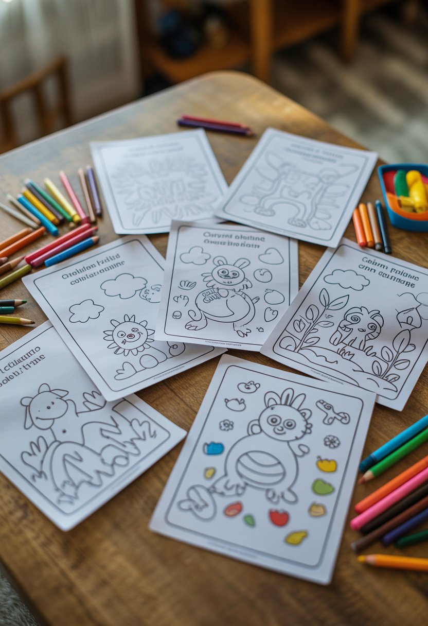 Seven children's coloring pages with crayons and colored pencils on a wooden table.