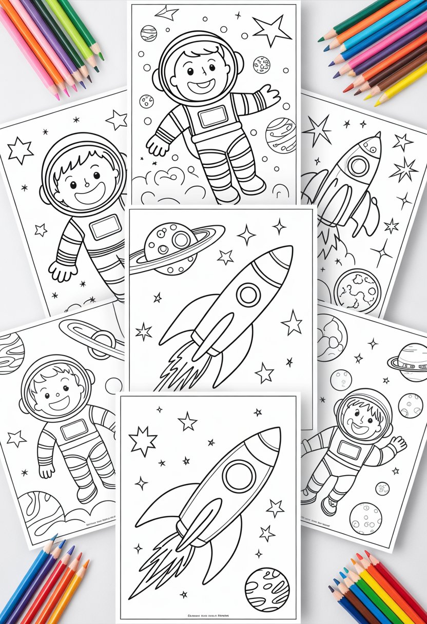 Seven space-themed coloring sheets for kids arranged on a table with colored pencils nearby.