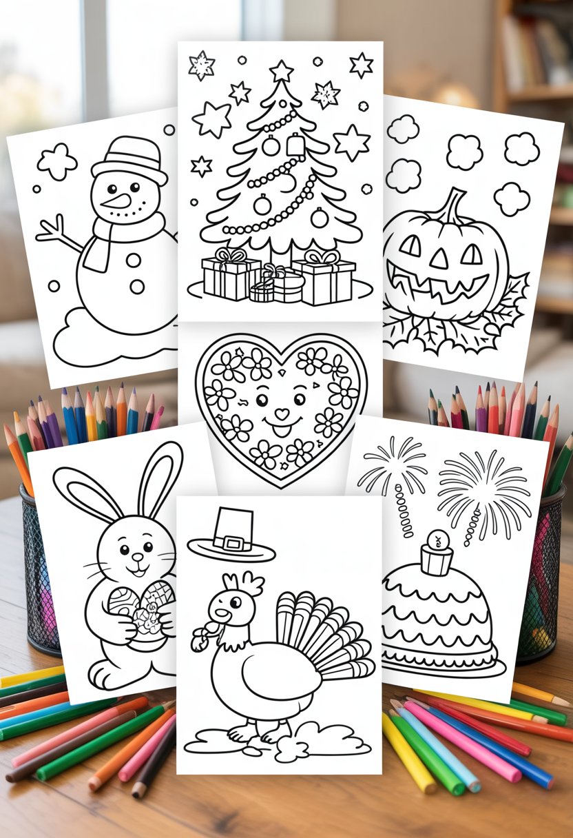 Seven holiday-themed coloring pages for kids arranged on a table with colored pencils and crayons nearby.