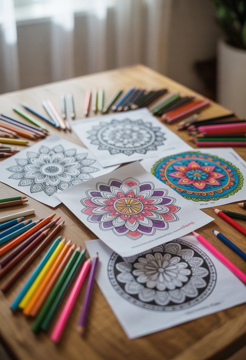 A table with mandala coloring pages and colorful pencils arranged for coloring activity.